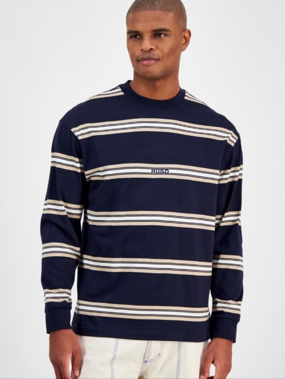 Hugo Boss Men's Nistriplo Relaxed Fit Striped Long Sleeve Crewneck T-Shirt - NWT